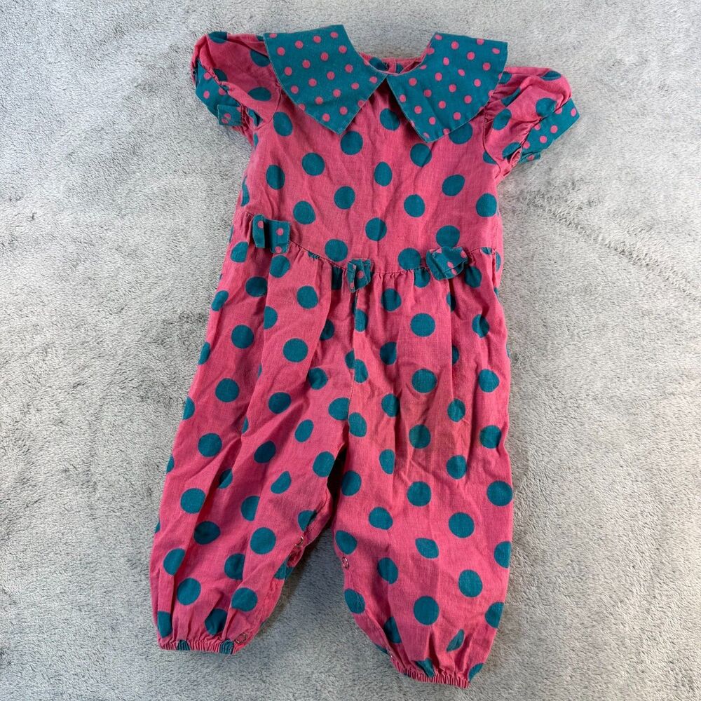 Vintage Enya Baby Romper 12 Months Pink Teal Polka Dot USA Made 100% Cotton